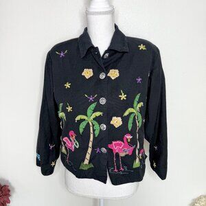 Vintage Pushpa Cropped Blazer Art To Wear Sz Sm Flamingo Beach Scene 90s Y2k